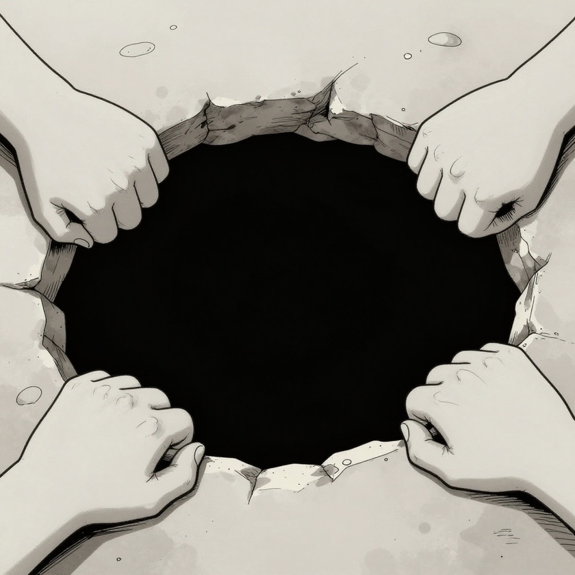 Illustration in the style of Tom Gauld, wry minimalist compositions, clean precise linework, geometric simplicity with minimal detail, flat shadowless lighting, limited and muted color palette, deadpan intellectual mood. A close-up picture of a giant gaping hole, with a pair of stone hands reaching in at the edges to pull it wider.